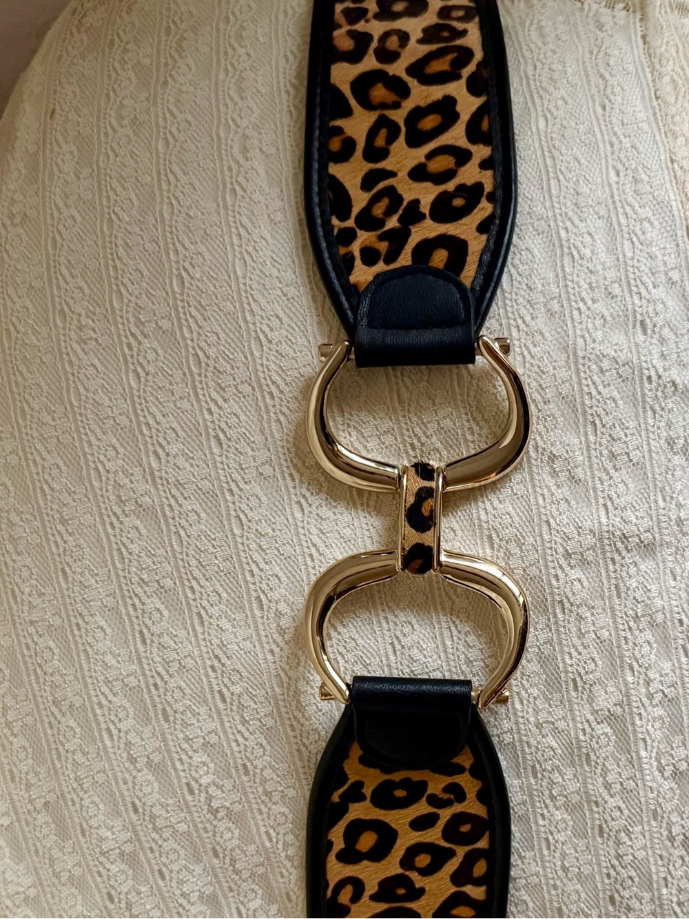 Chico’s Leopard Print Calf Hair Gold Statement Leather Horsebit Buckle 40.5”